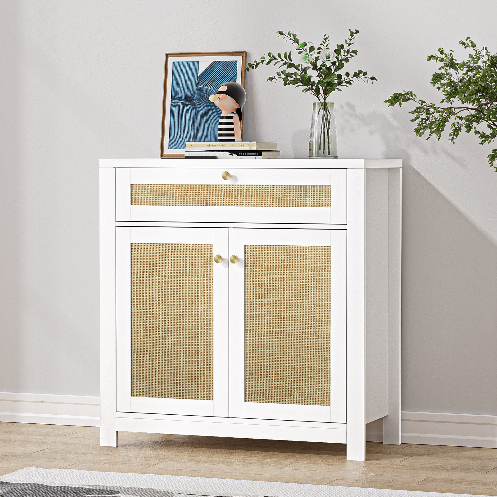 Bay Isle Home Hollain Rattan Cabinet Kitchen Buffet Sideboard Storage Cabinet White with 2 Doors and Drawer Wayfair